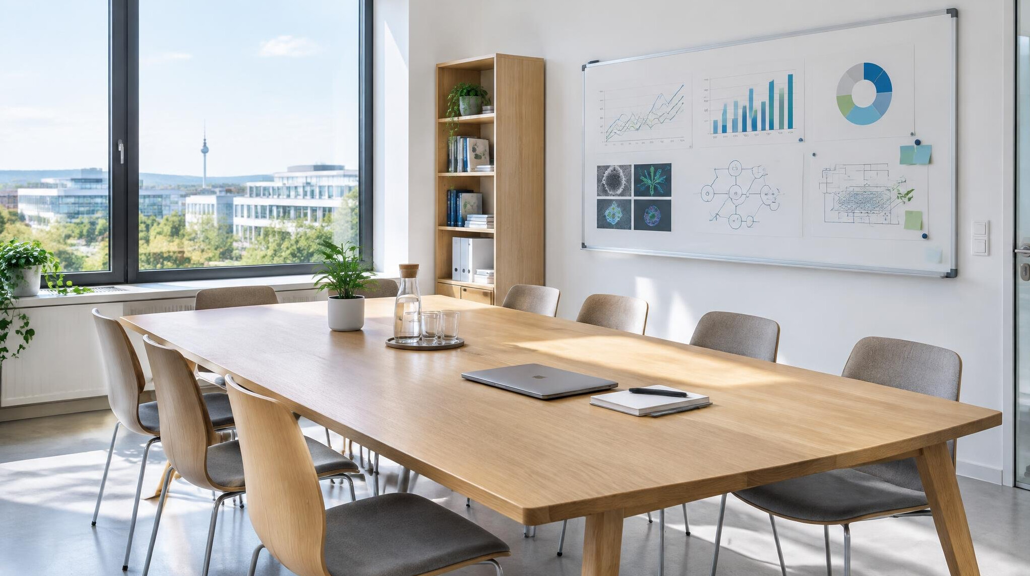 Bright modern office meeting room with a large window and whiteboard